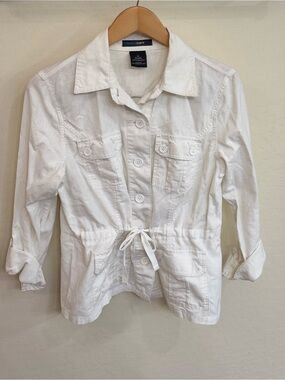 French Cuff White Utility Safari Jacket Drawstring Waist Roll-Tab Sleeve Linen M